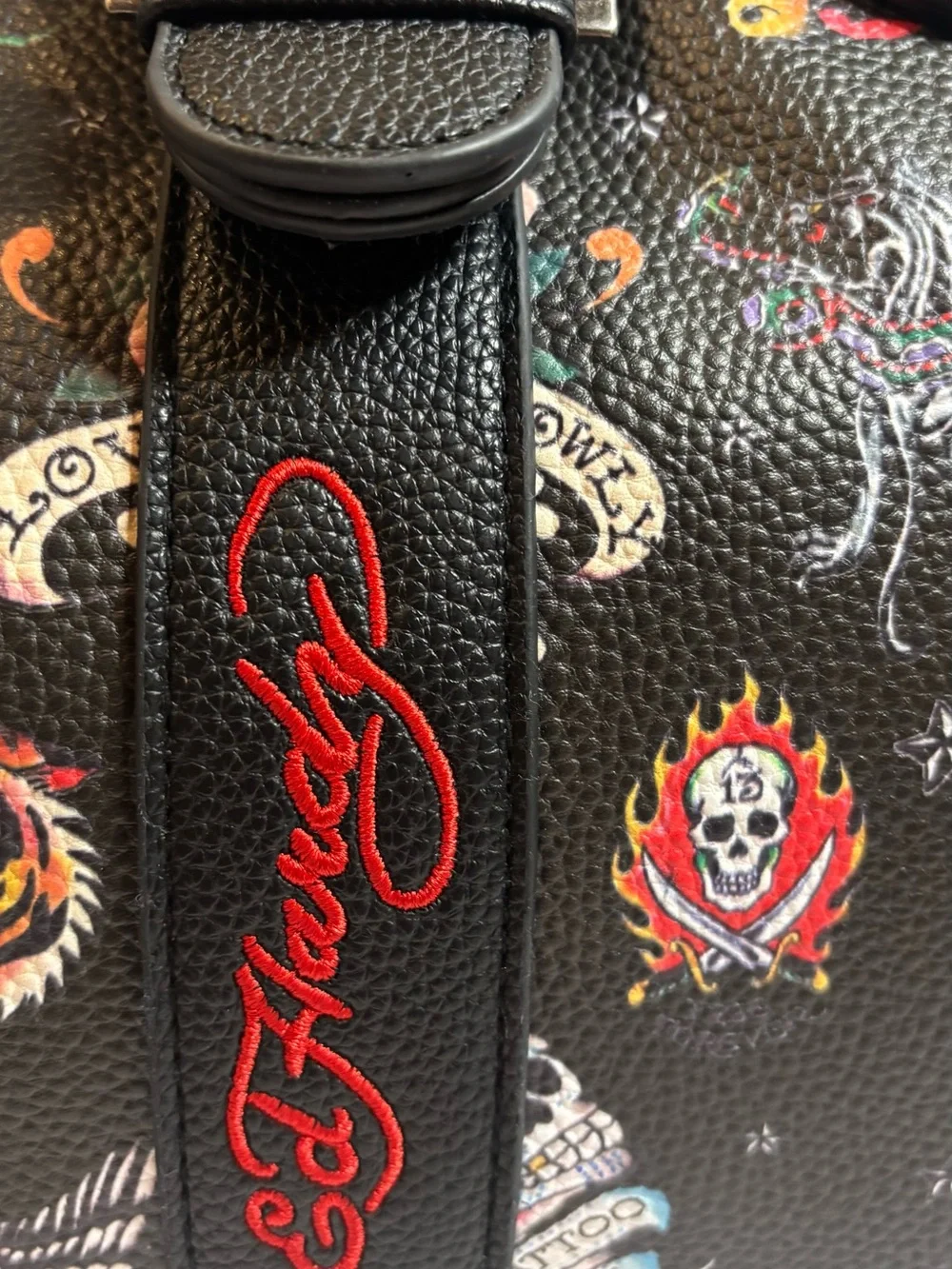 Ed Hardy Black Tattoo-Print Leather Satchel with Red Accent 14x9 “